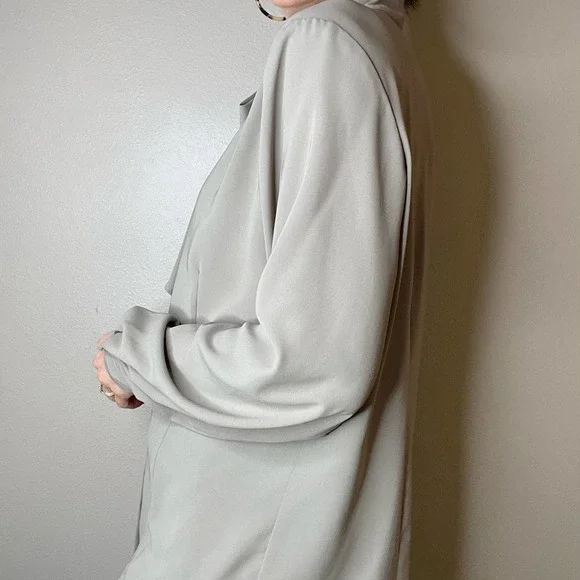 Vintage dove grey pussy bow tie neck blouse secretary 90s taupe long sleeve L - Picture 11 of 17